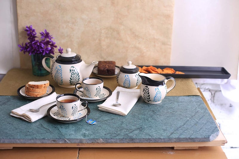 Caffeine Ceramic Handmade Stoneware Black Boota Tea Set Set of 15 pcs Microwave Dishwasher Safe Tea Set