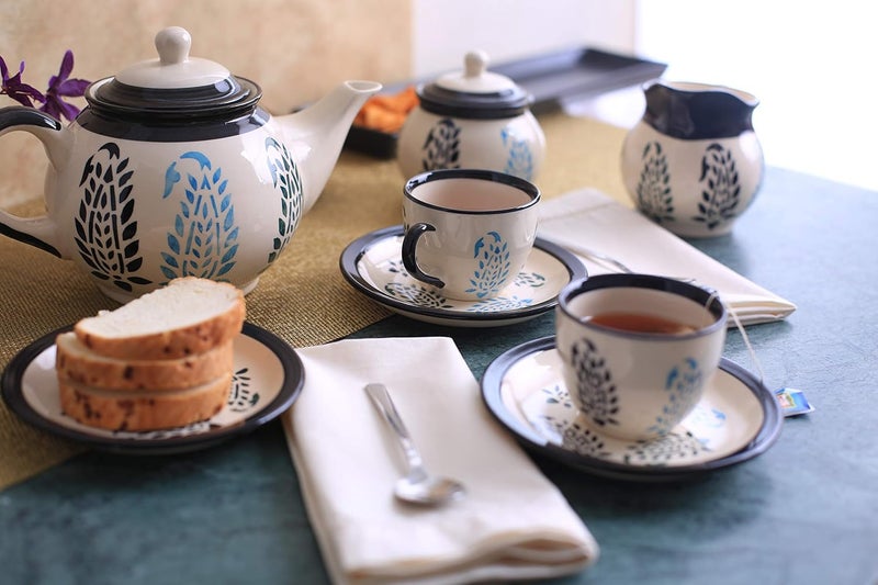 Caffeine Ceramic Handmade Stoneware Black Boota Tea Set Set of 15 pcs Microwave Dishwasher Safe Tea Set