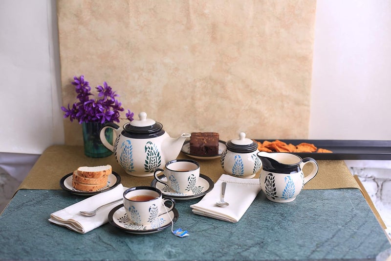 Caffeine Ceramic Handmade Stoneware Black Boota Tea Set Set of 15 pcs Microwave Dishwasher Safe Tea Set