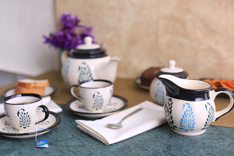 Caffeine Ceramic Handmade Stoneware Black Boota Tea Set Set of 15 pcs Microwave Dishwasher Safe Tea Set