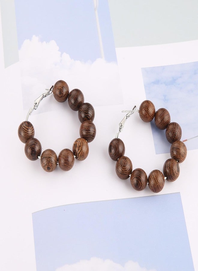 STWTR Women's Natural Wood Earrings Fashion Earrings Geometric Shape Retro Earring Set Natural Wood Hollow Semicircle Earrings - Image 5