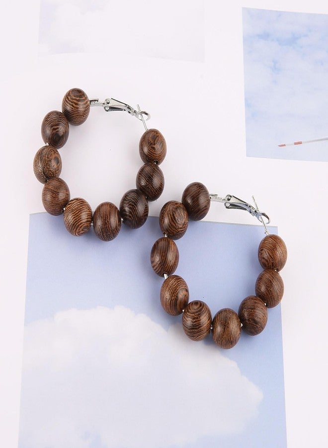 STWTR Women's Natural Wood Earrings Fashion Earrings Geometric Shape Retro Earring Set Natural Wood Hollow Semicircle Earrings - Image 3