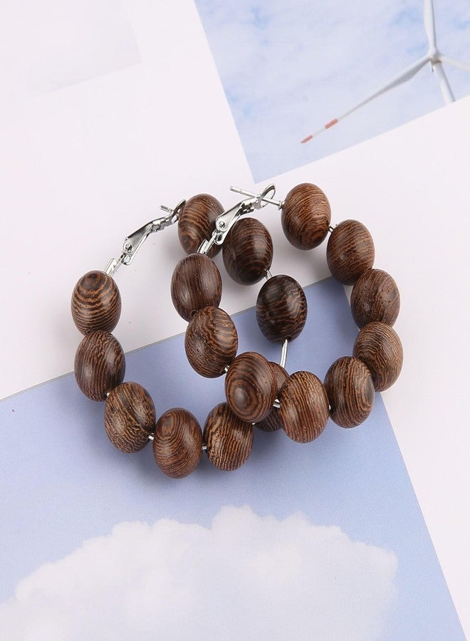 STWTR Women's Natural Wood Earrings Fashion Earrings Geometric Shape Retro Earring Set Natural Wood Hollow Semicircle Earrings - Image 4