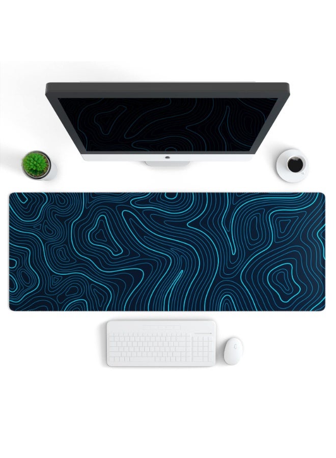 Extended XL Gaming Mouse Pad, Minimalist Topographic Map Desk Mat, Stitched Edges, Anti-Slip Base, 31.5 x 11.8 in, Blue - Image 2