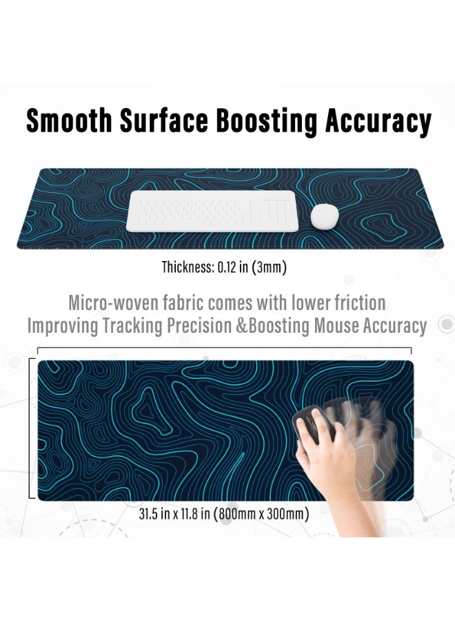 Extended XL Gaming Mouse Pad, Minimalist Topographic Map Desk Mat, Stitched Edges, Anti-Slip Base, 31.5 x 11.8 in, Blue - Image 3