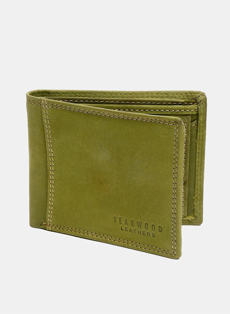 Teakwood green Teakwood Leather Genuine Leather Bi-Fold Wallet for Men | Green Wallet | 2 Main Compartments | 3 Card Slots | 2 Slip Pockets | Flap Coin Pocket (Non-Detachable) | External Pocket | Premium Durable Everyday Wallet for Men | Best Price UAE