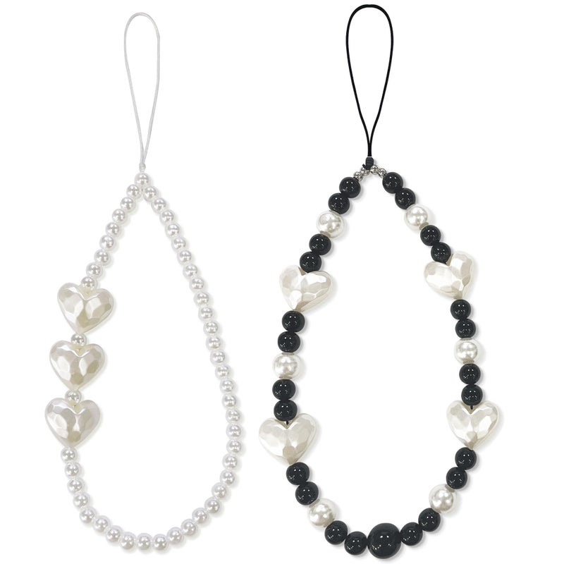 Heart-Shaped Beaded Phone Charm – 2 Pieces, Crystal, Wrist Strap, for Smartphone