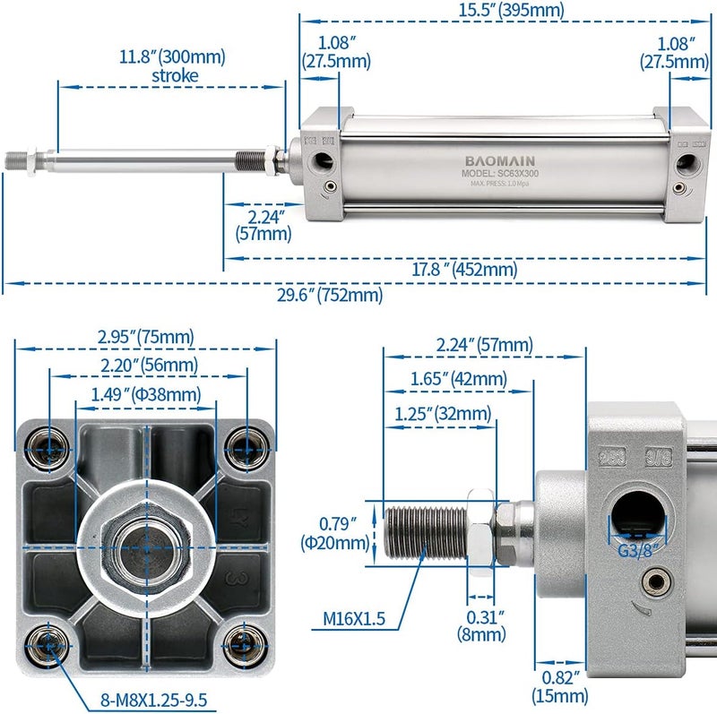 Baomain Pneumatic Air Cylinder SC 63 x 300 PT 3/8, Bore: 2-1/2 inch(63mm), Stroke: 12 inch(300mm), Screwed Piston Rod Dual Action (1PCS) (CY&CB (with Foot Flange)) - Image 5