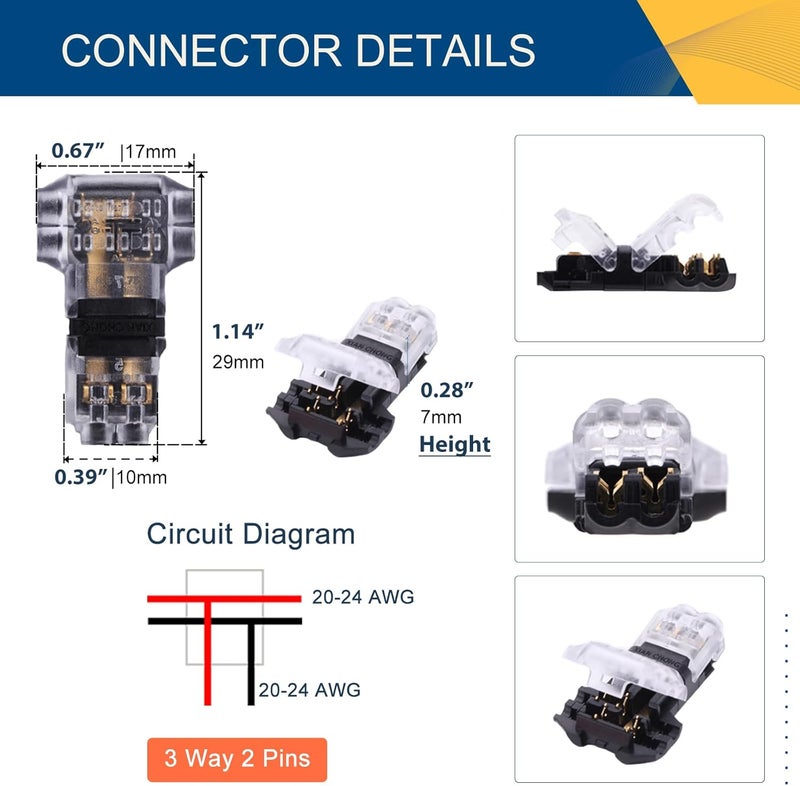 Brightfour Low Voltage Wire Connectors Solid Connection, T Tap Wire Connectors, T Type 2 Pins Wire Splice Connectors, Solderless No Stripping 3 Way Wire Connector for LED Strip, Automotive Fits 24-20 AWG 12 Pack - Image 5