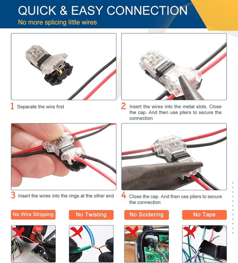 Brightfour Low Voltage Wire Connectors Solid Connection, T Tap Wire Connectors, T Type 2 Pins Wire Splice Connectors, Solderless No Stripping 3 Way Wire Connector for LED Strip, Automotive Fits 24-20 AWG 12 Pack - Image 4