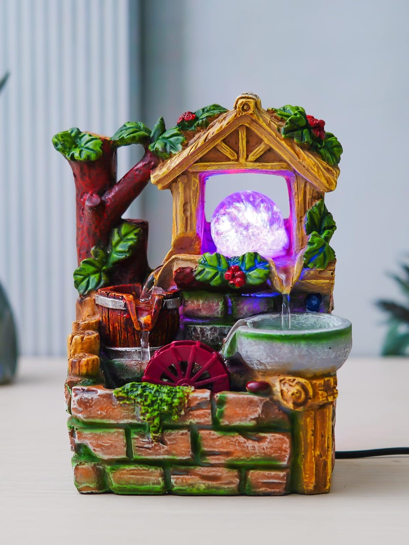CHRONIKLE Polyresin Hut Shape Tabletop 3 Steps Indoor Water Fountain for Home Decor with LED Light, Speed Controller Pump & Crystal Ball (Size: 17 x 15 x 25CM |Color: Multi | Weight: 1370 Gram) - Image 1