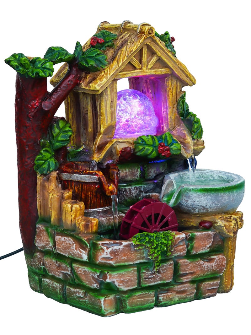 CHRONIKLE Polyresin Hut Shape Tabletop 3 Steps Indoor Water Fountain for Home Decor with LED Light, Speed Controller Pump & Crystal Ball (Size: 17 x 15 x 25CM |Color: Multi | Weight: 1370 Gram) - Image 2