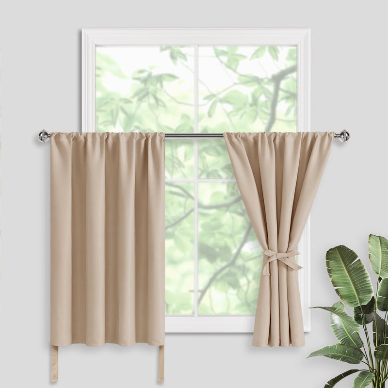 JIUZHEN Tier Curtains 36 Inch Length with 2 Tiebacks  Kitchen Half Window Privacy Curtain Tiers for Windows/Bathroom Shades  Thermal Insulated Room Darkeing Curtain 2 Panels  42"" x 36""  Beige - Image 1