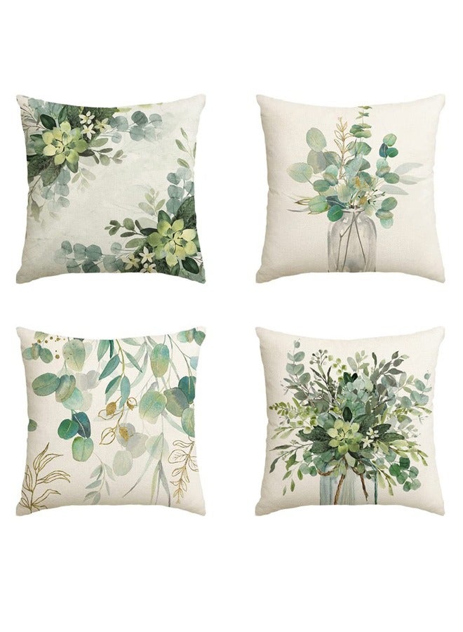 GUSGU Green Plants Decorative Throw Pillow Covers 45x45cm Decorations Linen Square Pillow Cases Tropical Plants Outdoor Sofa Couch Home Bed Decor Cushion Covers Set of 4 - Image 1