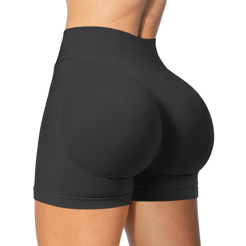 POWERASIA 4.5" Workout Impact Shorts Hidden Scrunch Butt Lifting Gym Booty Biker Shorts for Women Tummy Control Black - Image 1