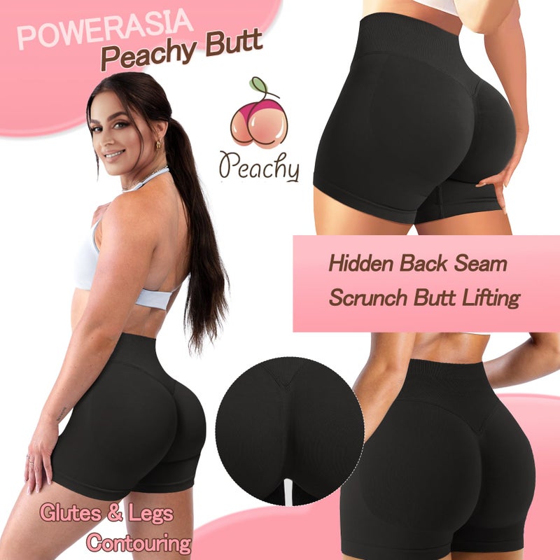 POWERASIA 4.5" Workout Impact Shorts Hidden Scrunch Butt Lifting Gym Booty Biker Shorts for Women Tummy Control Black - Image 3