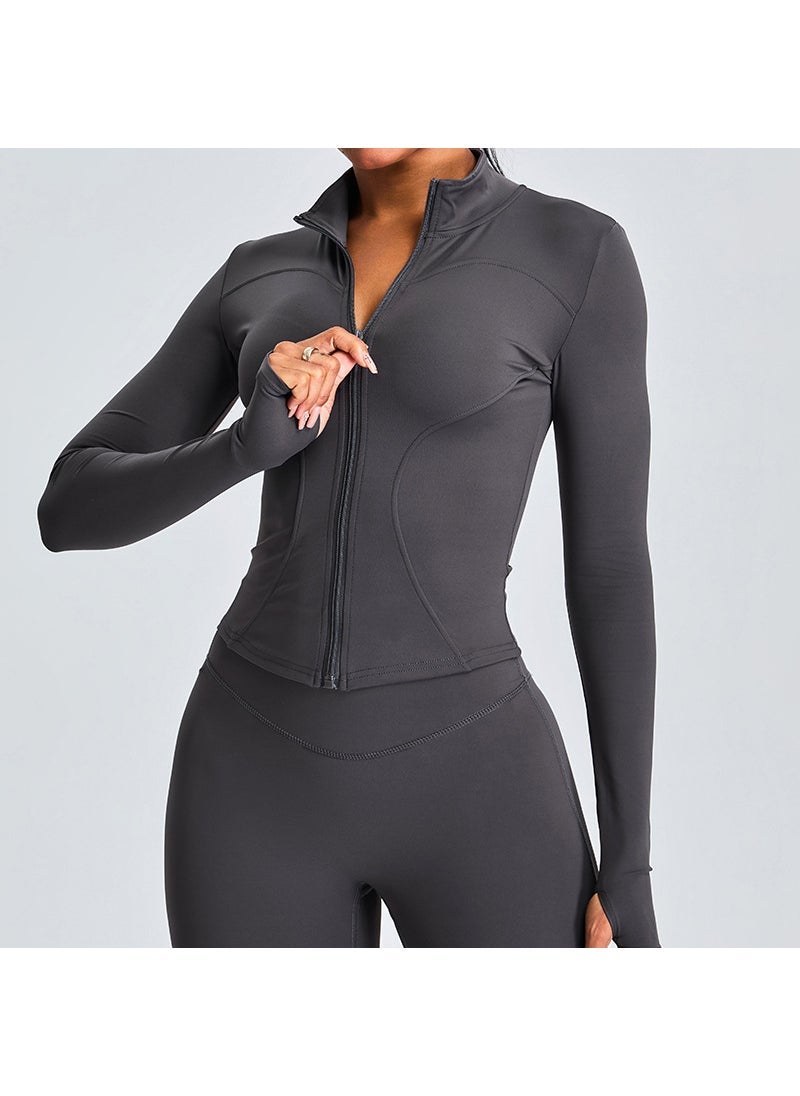 Generic Quick-Dry Fitness Clothes Womens Slim-Fit Sports Top High Elastic Zipper Yoga Clothes Long Sleeve Collar Yoga Jacket Stone gray (new color) 