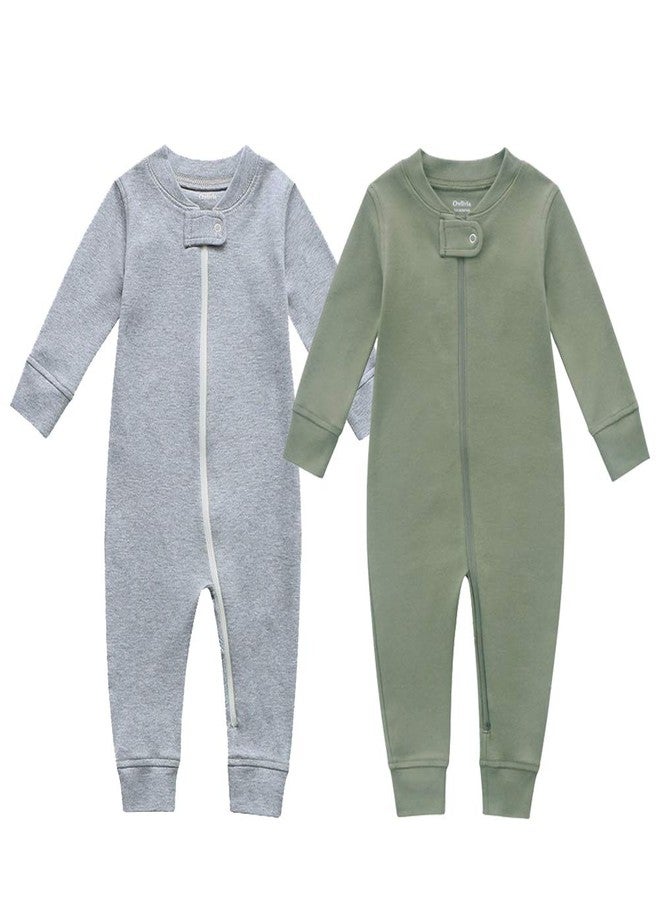 Owlivia Organic Cotton Baby Boy Girl Zip up Sleep N Play, Footless, Long Sleeve(6-12 Months, Dark Grey Melange & Olive Green) - Image 1