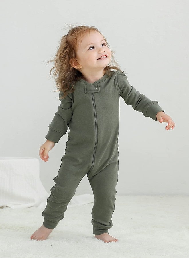 Owlivia Organic Cotton Baby Boy Girl Zip up Sleep N Play, Footless, Long Sleeve(6-12 Months, Dark Grey Melange & Olive Green) - Image 3
