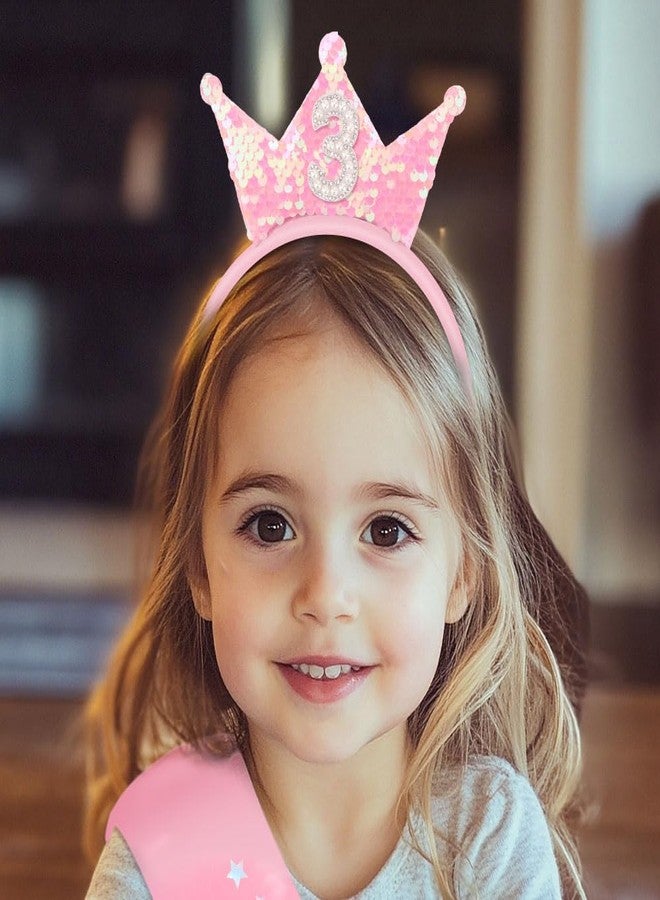 Exacoo 3rd Birthday Girl Sash and Headband Set 3rd Birthday decorations for Girl Sequins Pearl Princess Tiara Hairband,3 Year Old Happy Birthday Party Outfit Gifts - Image 5