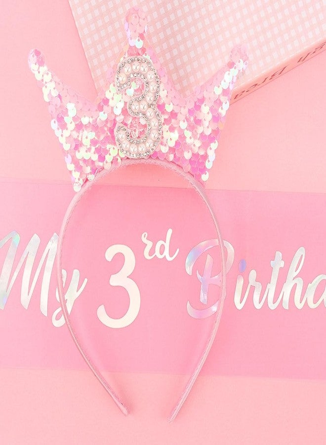 Exacoo 3rd Birthday Girl Sash and Headband Set 3rd Birthday decorations for Girl Sequins Pearl Princess Tiara Hairband,3 Year Old Happy Birthday Party Outfit Gifts - Image 2