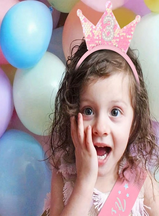 Exacoo 3rd Birthday Girl Sash and Headband Set 3rd Birthday decorations for Girl Sequins Pearl Princess Tiara Hairband,3 Year Old Happy Birthday Party Outfit Gifts - Image 4