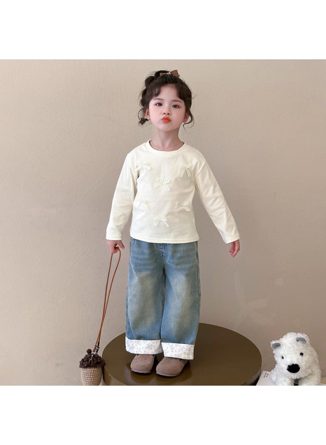 Girls  New Korean Style Baby Girl Bow Sweet, Gentle And Cute T-shirt Long-sleeved Bottoming Top Fashionable