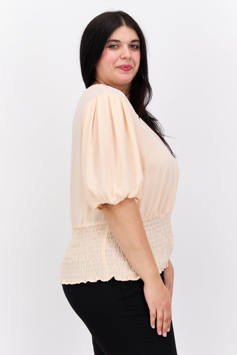 1 State Women Plus Size Puffed Sleeves Plain Blouse, Peach - Image 3
