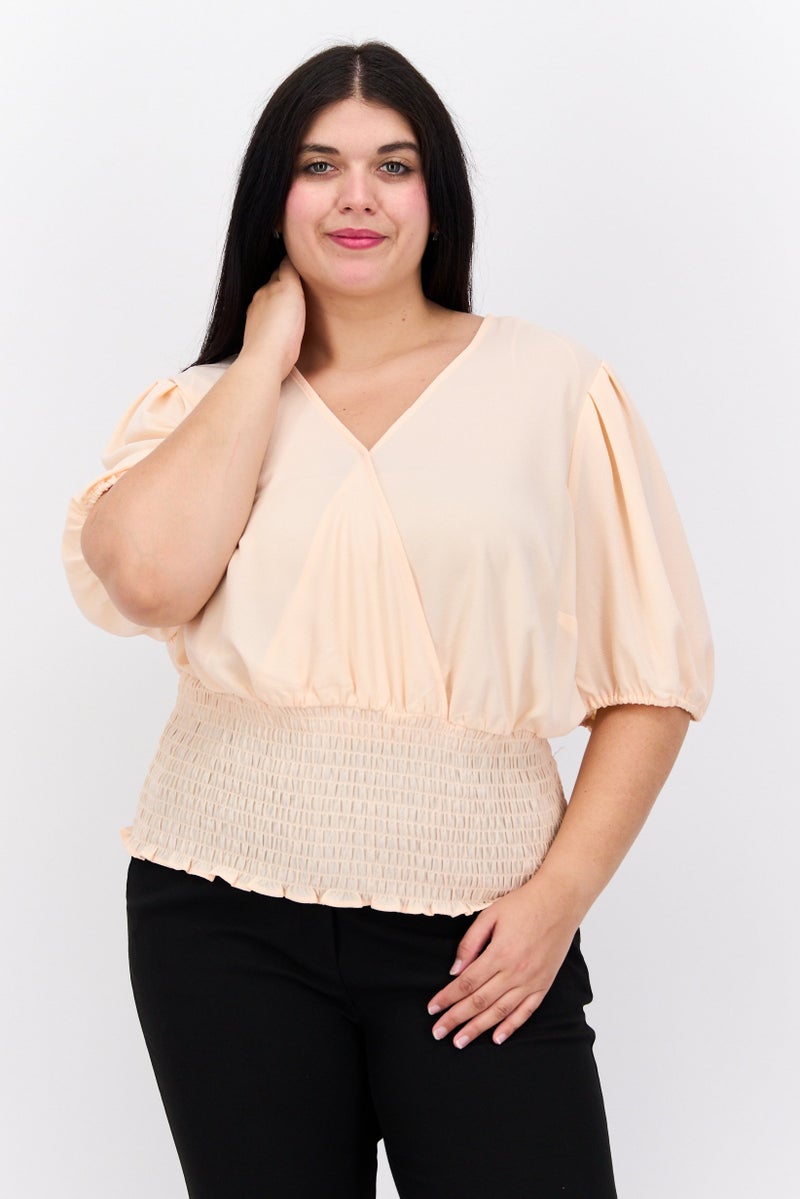 1 State Women Plus Size Puffed Sleeves Plain Blouse, Peach - Image 1
