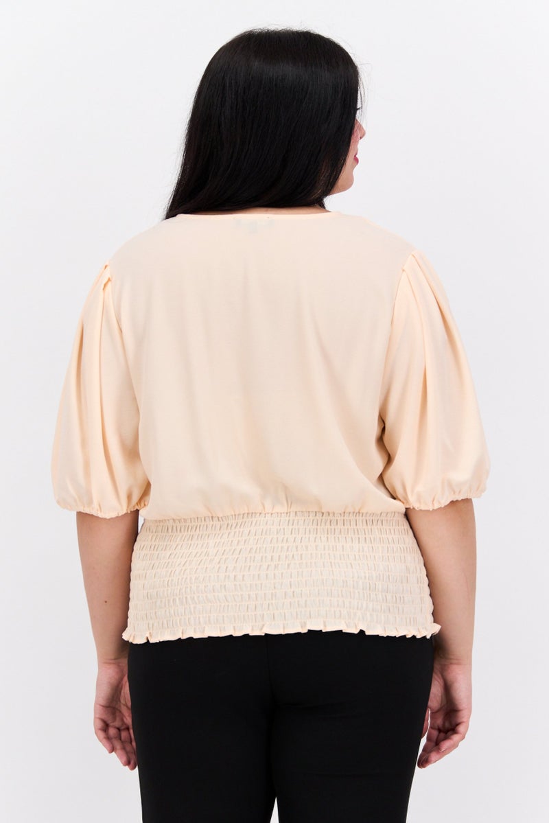 1 State Women Plus Size Puffed Sleeves Plain Blouse, Peach - Image 2