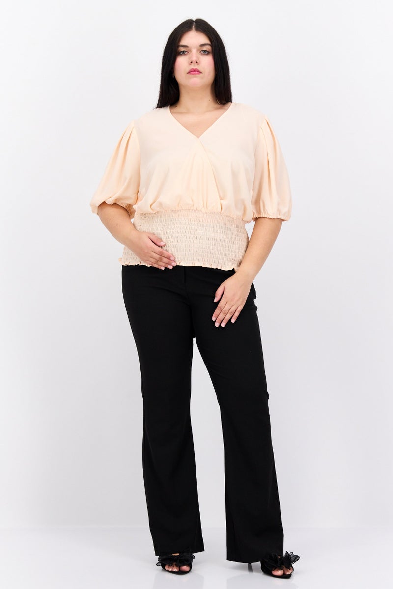 1 State Women Plus Size Puffed Sleeves Plain Blouse, Peach - Image 4