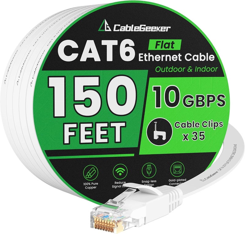 CableGeeker Cat 6 Ethernet Cable 150 ft, Indoor&Outdoor, High Speed 10Gbps Internet Network, Pure Copper Flat Ethernet Patch Cable Long, Computer LAN Cable with Clips & Straps for Router, Modem, PS4/5, White - Image 1
