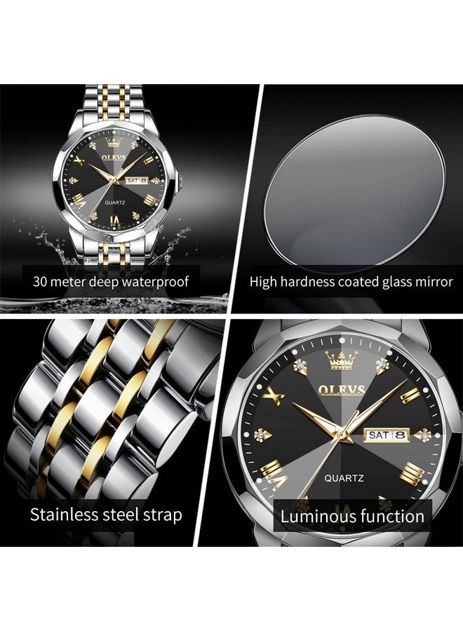أوليفز ساعة OLEVS للرجال من الألماس بسوار من الستانلس ستيل المقاوم للماء ومزودة بسوار من الألماس وسوار من الكوارتز مع تاريخ مضيء وساعة يد كاجوال فاخرة بلونين - Image 3