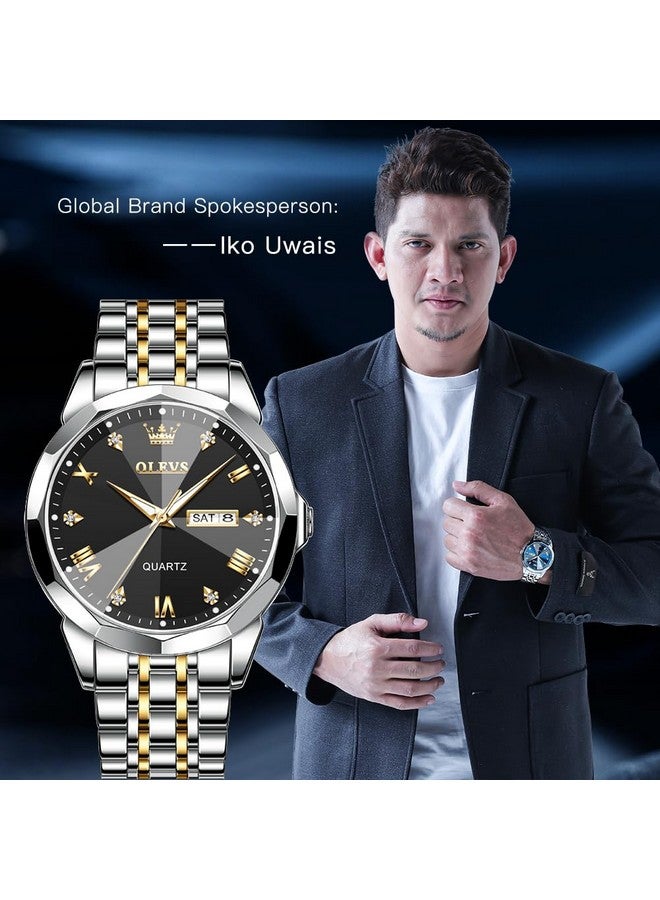 أوليفز ساعة OLEVS للرجال من الألماس بسوار من الستانلس ستيل المقاوم للماء ومزودة بسوار من الألماس وسوار من الكوارتز مع تاريخ مضيء وساعة يد كاجوال فاخرة بلونين - Image 2