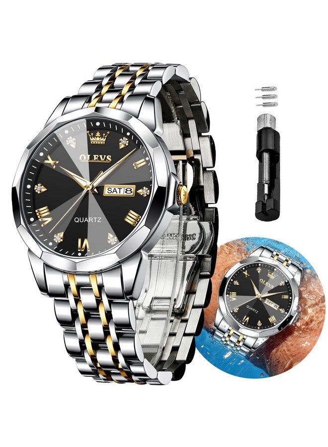 أوليفز ساعة OLEVS للرجال من الألماس بسوار من الستانلس ستيل المقاوم للماء ومزودة بسوار من الألماس وسوار من الكوارتز مع تاريخ مضيء وساعة يد كاجوال فاخرة بلونين - Image 1