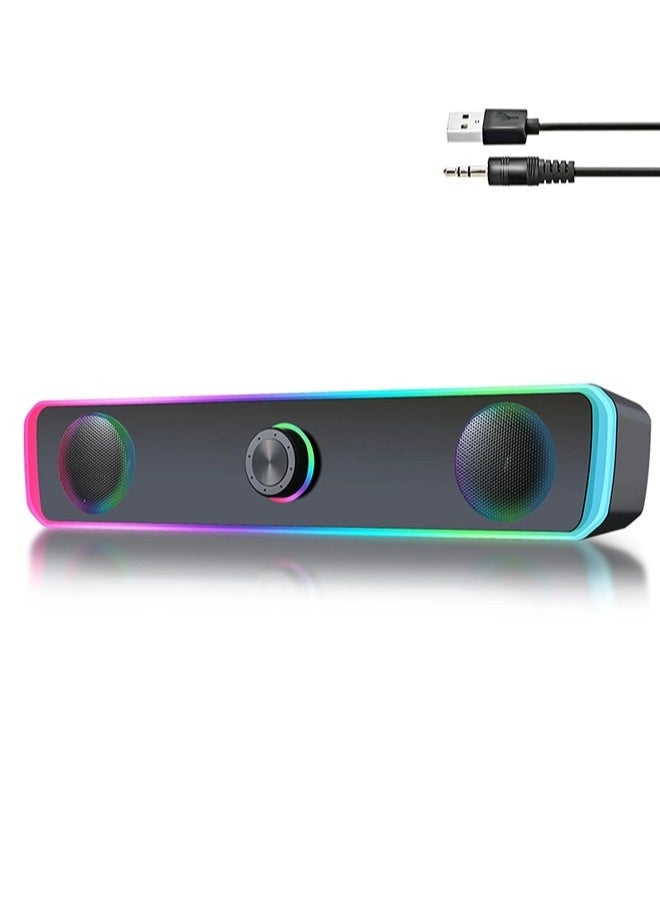 PC Speakers, 2.0 Channel Computer Speakers for Desktop with LED Dynamic Light, HiFi Stereo Sound Soundbar for Desktop Laptop Monitor, 3.5mm Aux Input & USB Powered