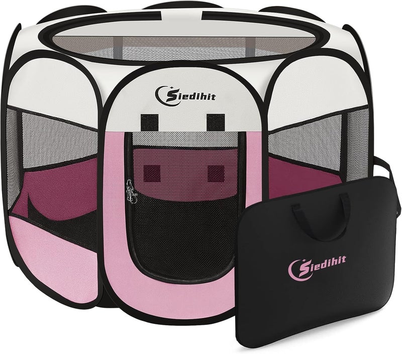 Siedihit Pink Dog Playpen, Puppy Pet Cat Playpen Indoor for Small Dogs Cats, Dog Tent Crates Cage Indoor/Outdoor, Portable Pop Up Dog Kennel Playpen with Carrying Case for Dogs/Cats/Rabbits, Zipper Top - Image 1