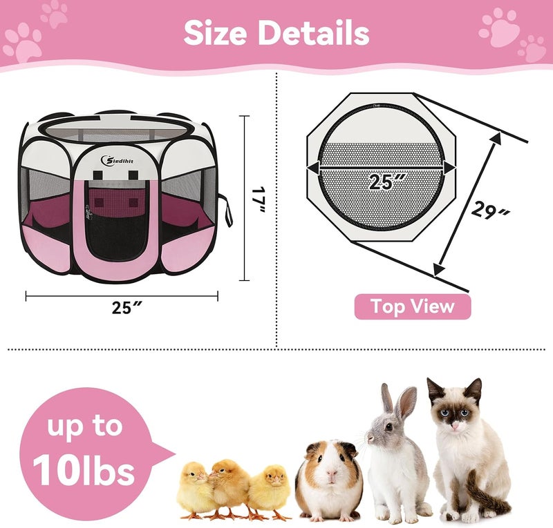 Siedihit Pink Dog Playpen, Puppy Pet Cat Playpen Indoor for Small Dogs Cats, Dog Tent Crates Cage Indoor/Outdoor, Portable Pop Up Dog Kennel Playpen with Carrying Case for Dogs/Cats/Rabbits, Zipper Top - Image 3