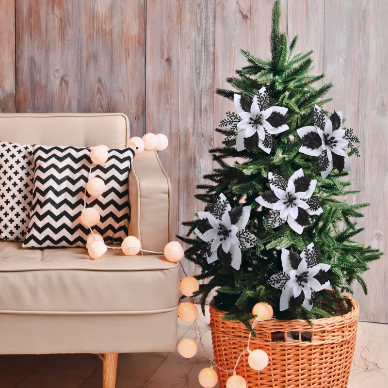 Canlierr 6.3 Inch Artificial Poinsettias Christmas Glitter Flowers with Clips Xmas Tree Flower Ornament Poinsettias Decor (White  Black 12 Pieces) - Image 3