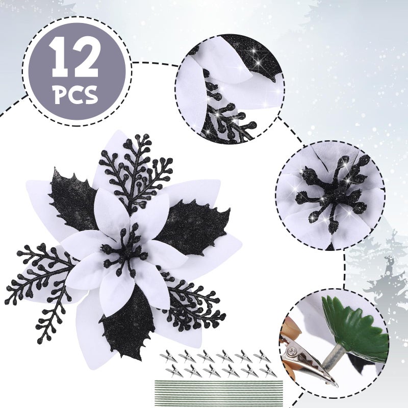 Canlierr 6.3 Inch Artificial Poinsettias Christmas Glitter Flowers with Clips Xmas Tree Flower Ornament Poinsettias Decor (White  Black 12 Pieces) - Image 2