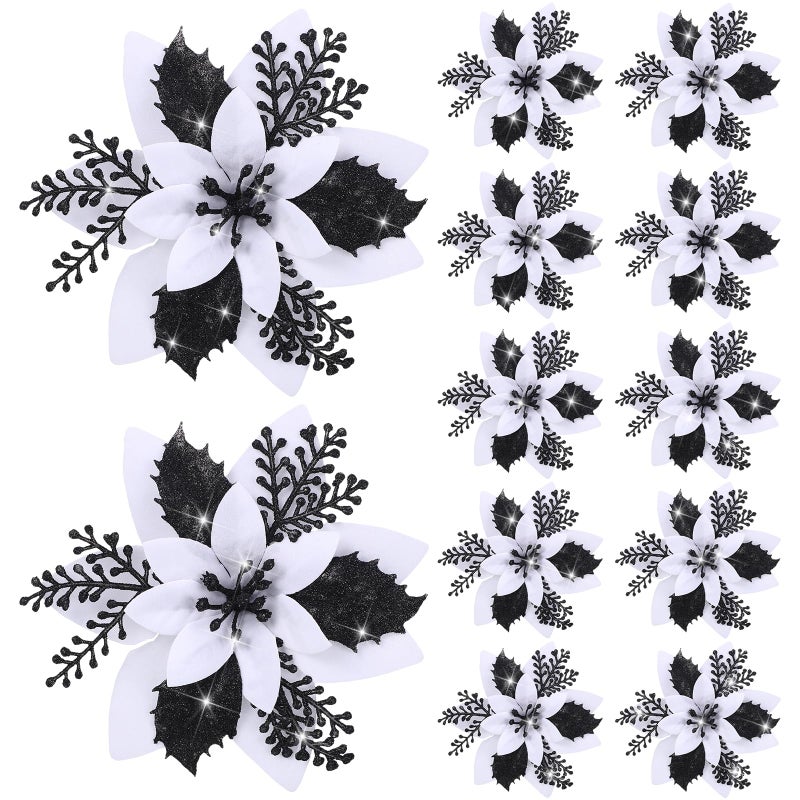 Canlierr 6.3 Inch Artificial Poinsettias Christmas Glitter Flowers with Clips Xmas Tree Flower Ornament Poinsettias Decor (White  Black 12 Pieces) - Image 1