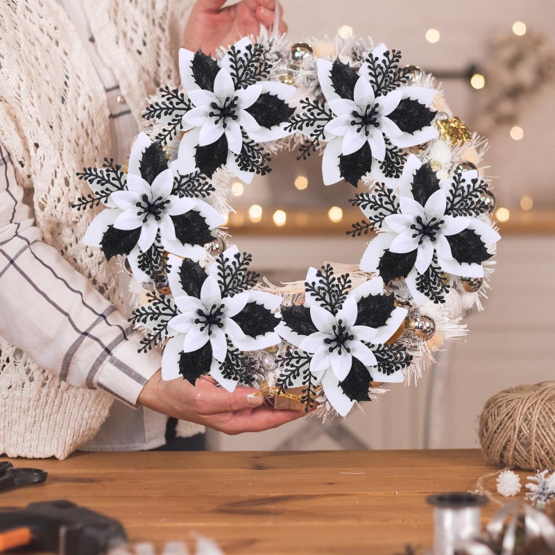 Canlierr 6.3 Inch Artificial Poinsettias Christmas Glitter Flowers with Clips Xmas Tree Flower Ornament Poinsettias Decor (White  Black 12 Pieces) - Image 4