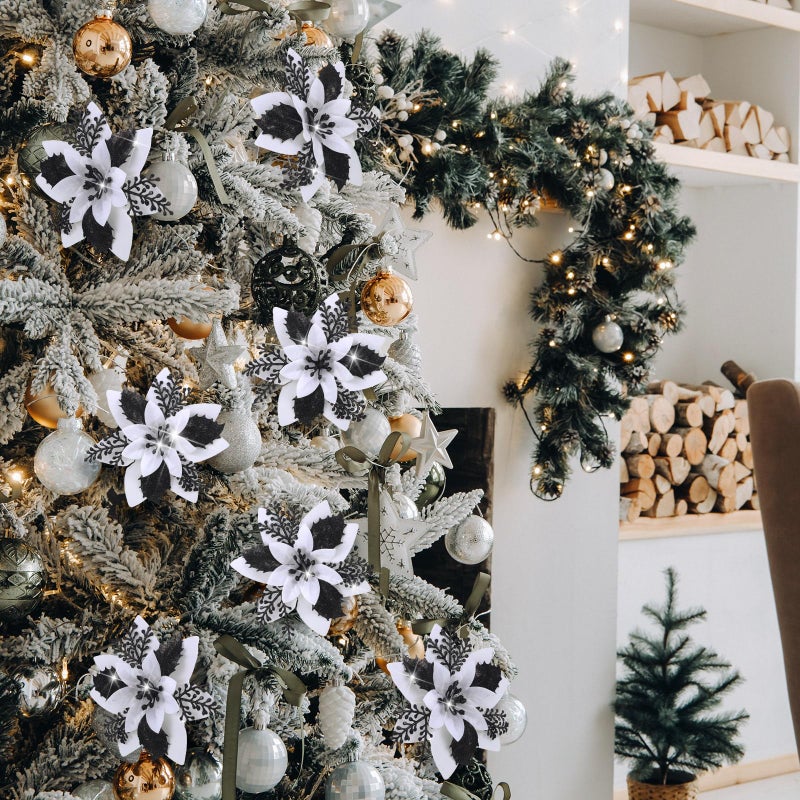 Canlierr 6.3 Inch Artificial Poinsettias Christmas Glitter Flowers with Clips Xmas Tree Flower Ornament Poinsettias Decor (White  Black 12 Pieces) - Image 5