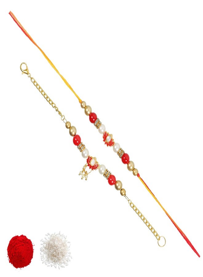Vientiq Lotus Design Pearl Bhaiya Bhabhi Rakhi Set With Roli Chawal - Image 1