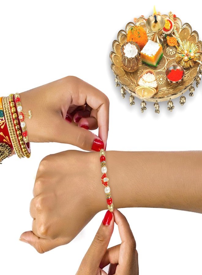 Vientiq Lotus Design Pearl Bhaiya Bhabhi Rakhi Set With Roli Chawal - Image 4