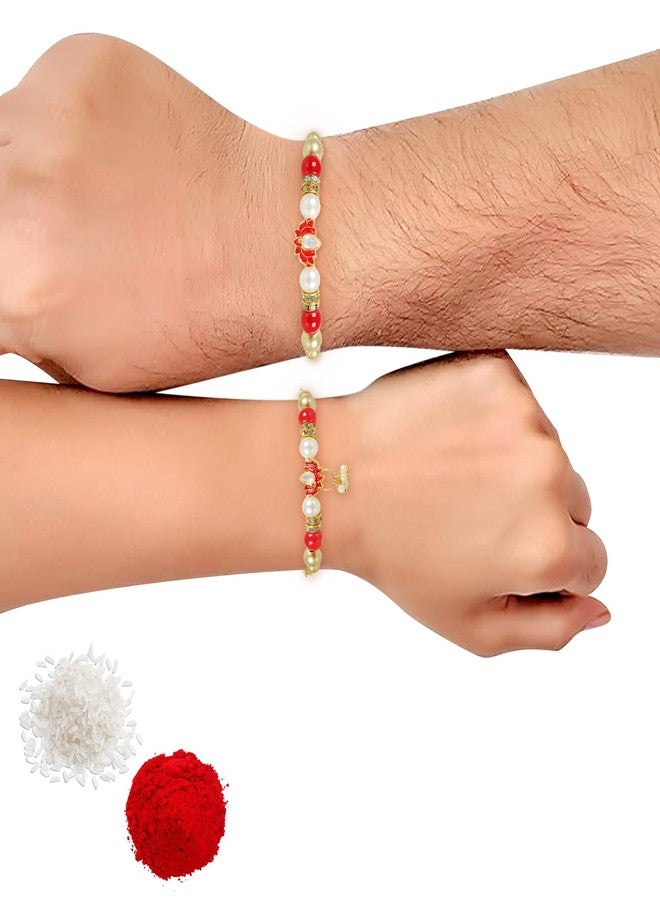 Vientiq Lotus Design Pearl Bhaiya Bhabhi Rakhi Set With Roli Chawal - Image 5