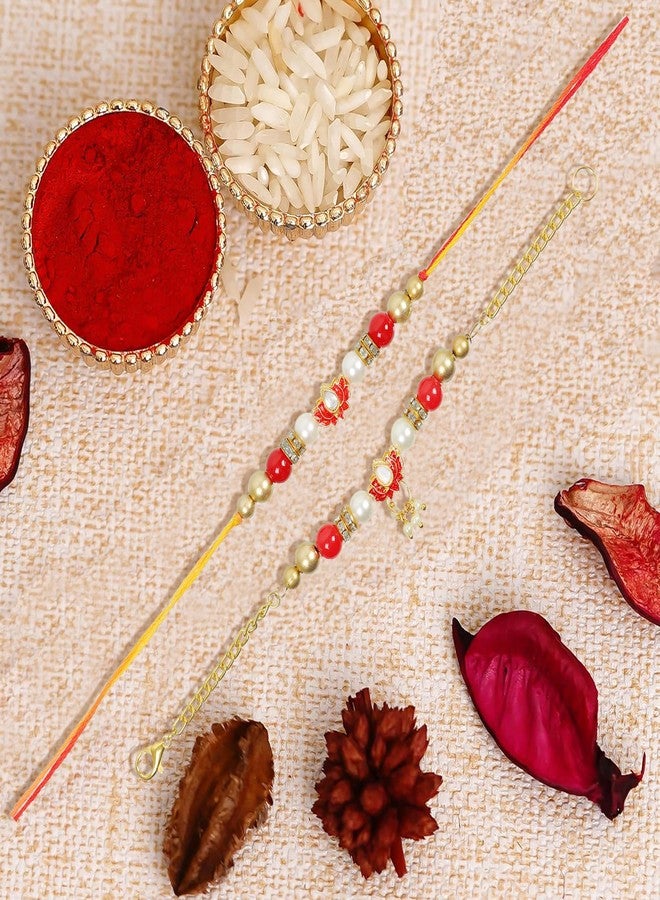 Vientiq Lotus Design Pearl Bhaiya Bhabhi Rakhi Set With Roli Chawal - Image 3