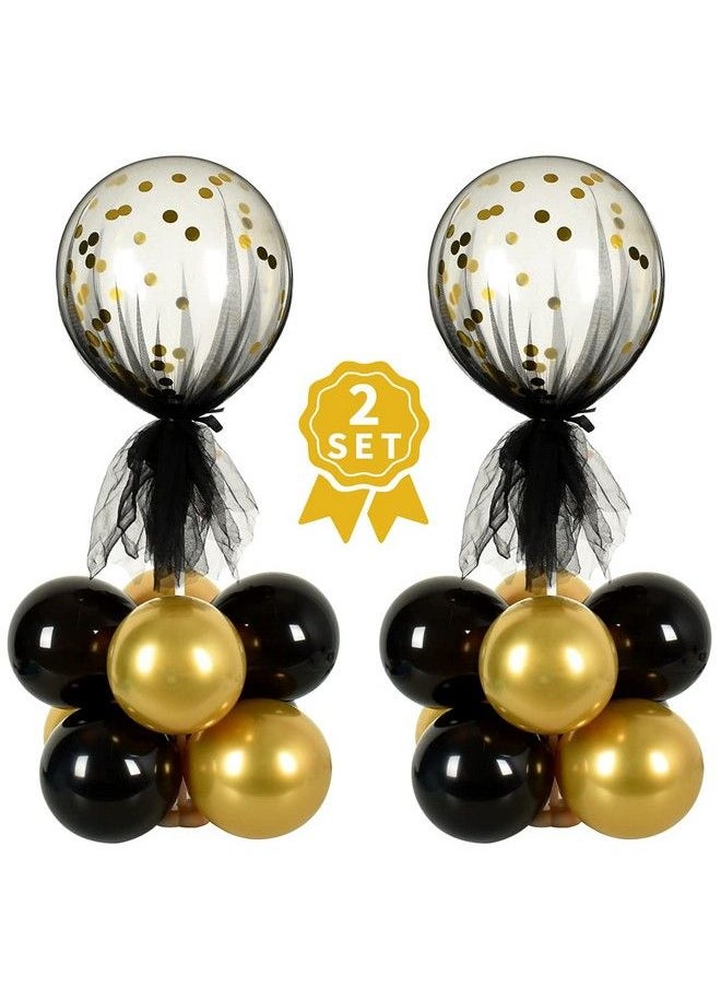 TONIFUL - 2 Set Black Gold Table Centerpiece Decorations Balloons Stand Holder Kit With Tulle Cover 20 Pcs Latex Balloons For Birthday Baby Shower Wedding Anniversary Halloween Party 2023 Graduation - Image 1