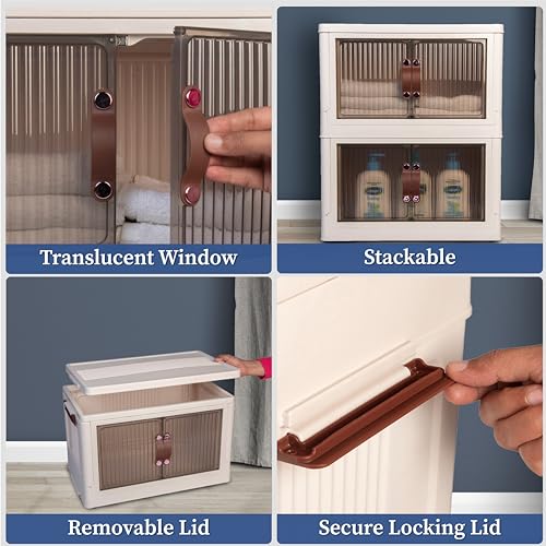 HomeStrap Plastic Rollin Stacker with Wheels (Pack Of 1) | Foldable Stackable Storage| Box Collapsible Storage Bins with Handle for Cloth, Spacesaver Organizer Storage Box with Door, Brown - Image 3