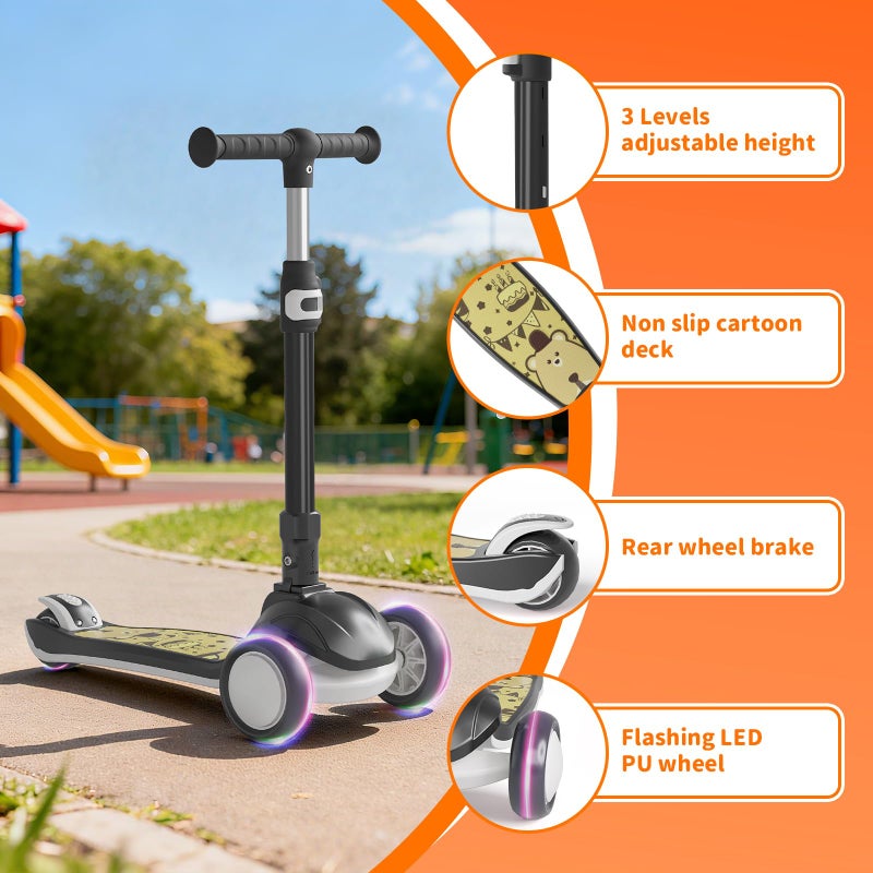 Commugo Kick Scooter for Kids 3 Wheel Capybara Gifts for Boys & Girls, Adjustable Height, Lean-to-Steer, Widen Anti-Slip Deck, Light Up Wheel Black - Image 4